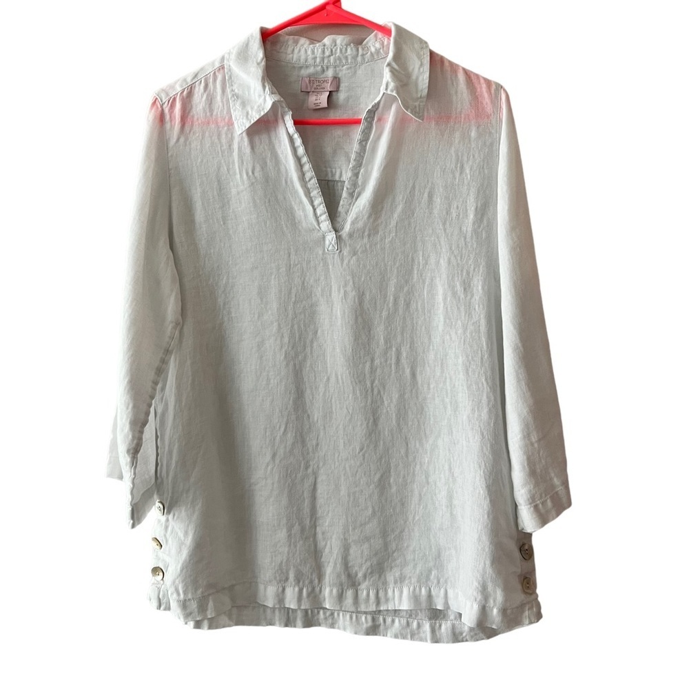 St. Tropez White Linen Top size Small Mother of Pearl